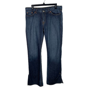 Lucky Brand Jeans Womens 14 /32 Blue Crossover Long Length Flare Denim Dungarees
